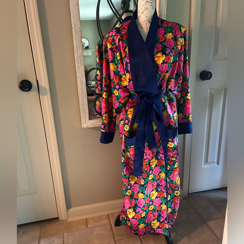 Floral Satin Robe - Navy and Multicolor